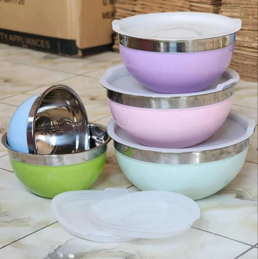 5-Piece Stainless Steel Salad Bowl Set with Airtight Lids – Colorful Food Storage Bowls | HandicraftsBD