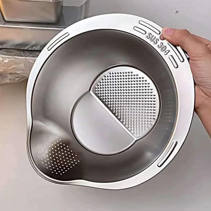 Washing Strainer Bowl 26cm – 304 Grade Stainless Steel Kitchen Tool | Dual-Layer Drain Design | HandicraftsBD
