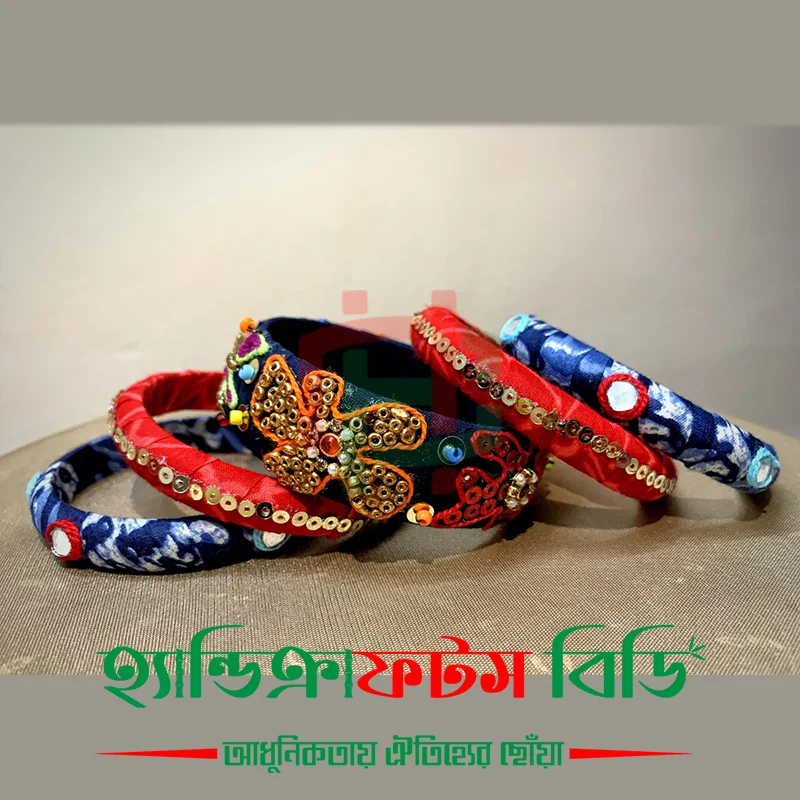 Handcrafted Fabric Bangles Set of 5 – With Stones, Thread & Beads Design