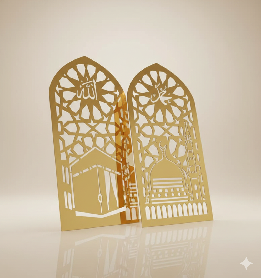 Kaba & Masjid-e-Nabawi Stainless Steel Wall Art – Shiny Golden (6×12 inch)