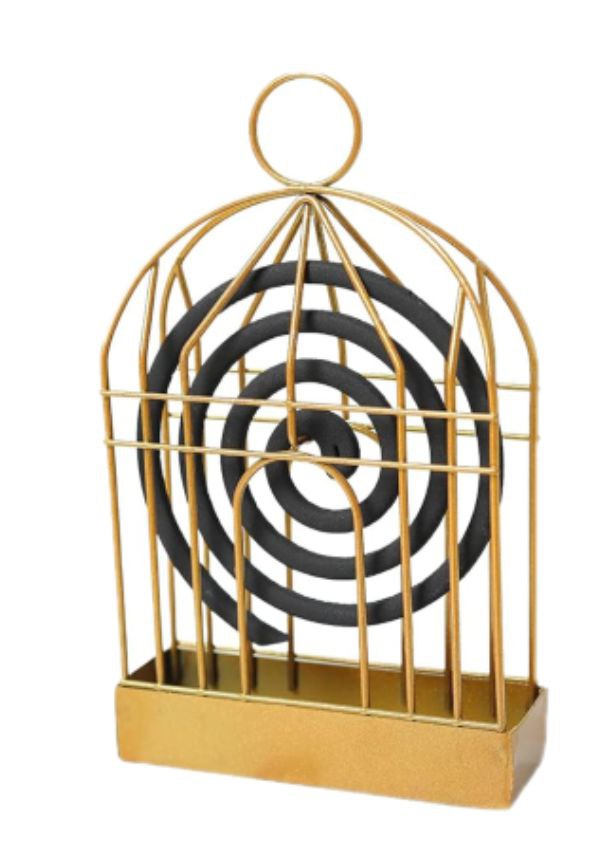 gold-colored, metal, birdcage-shaped mosquito coil holder