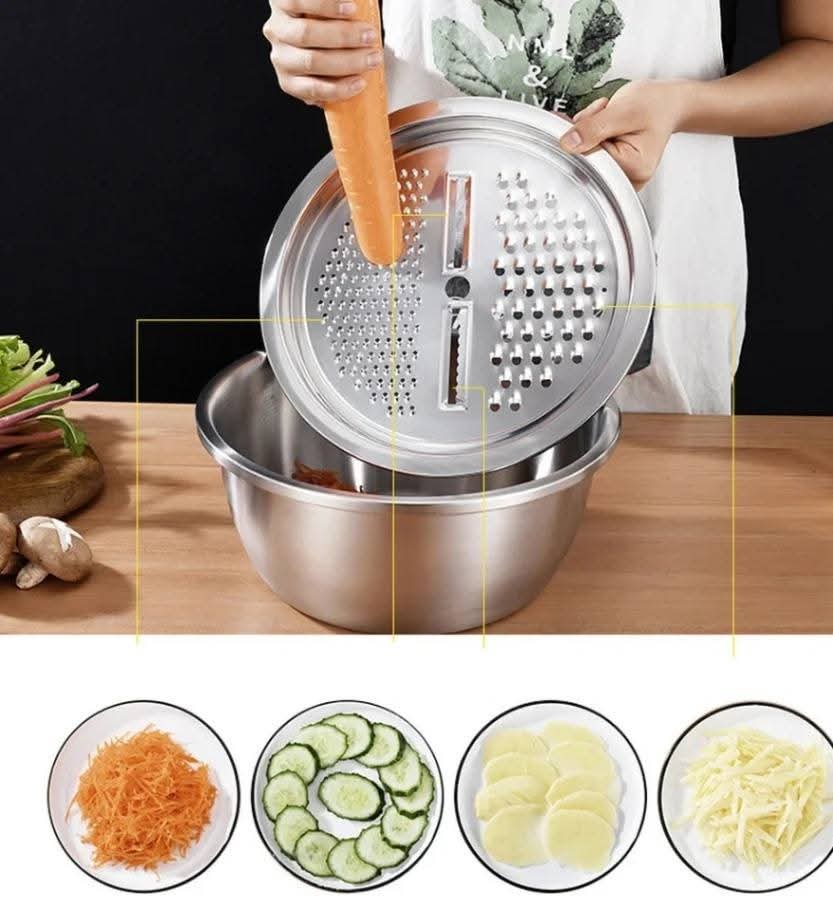 3 In 1 Multifunctional Stainless Steel Basin With Vegetable Cutter + Drain Basket