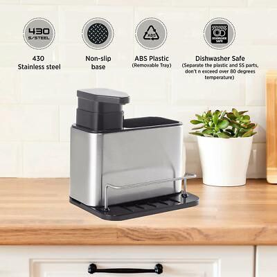 Kitchen Sink Caddy Organiser with Liquid Soap Dispenser – 3-in-1 Stainless Steel Sponge Holder | Rustproof & Compact